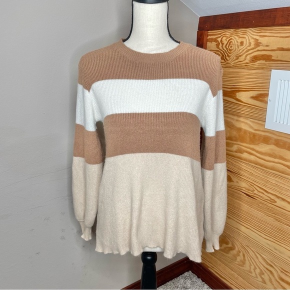 Le Lis Brown White Tan Striped Colorblock Balloon Sleeve Crewneck Sweater Small - Picture 1 of 10